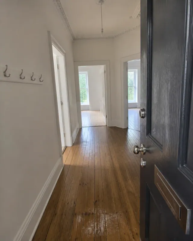 An empty tenement hallway with mopped floorboards seen from the open front door